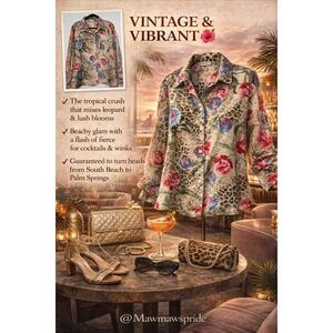 VINTAGE & VIBRANT‎ fiierce beachy gkam floral 2X Leopard Blouse Sheer Tropical